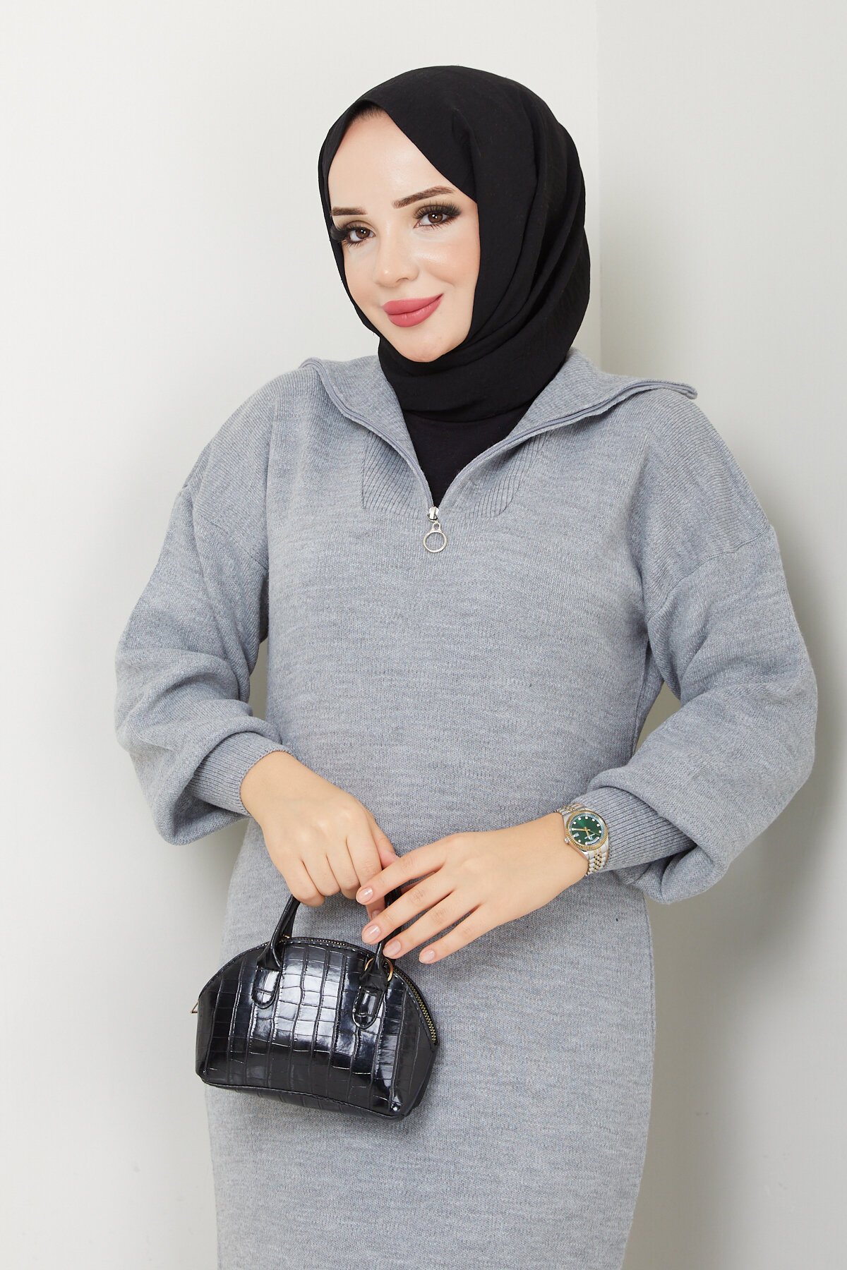 PLT FERMUARLI TRİKO ELBİSE-GRİ