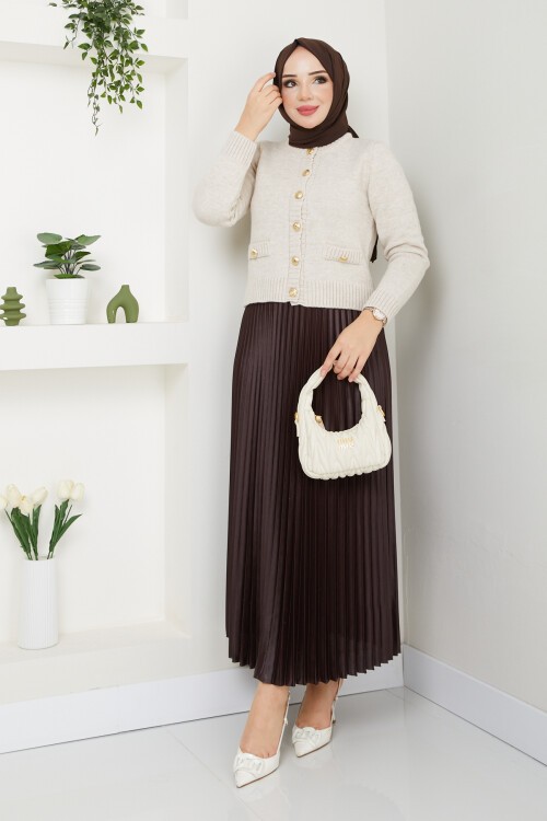 GOLD DÜĞMELİ SAHTE CEP HIRKA ETEK KOMBİN -TAŞ RENGİ